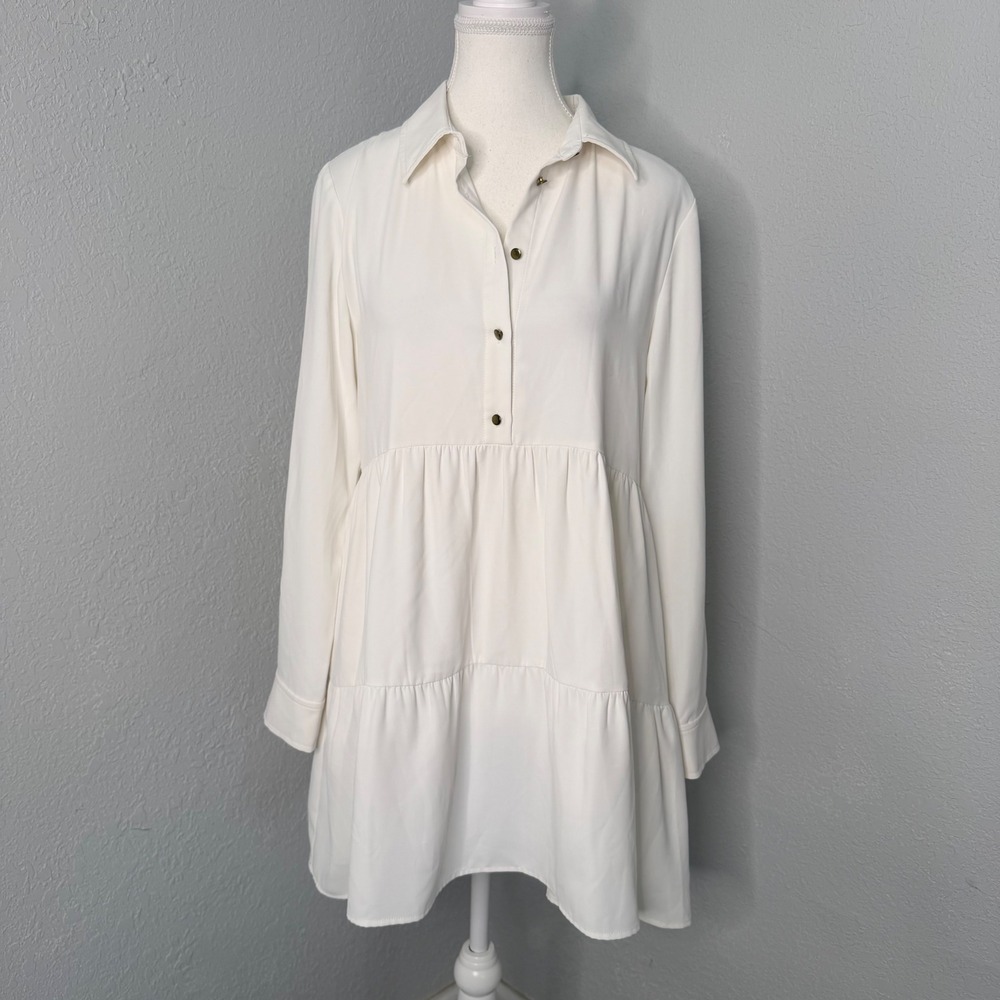 Amanda Uprichard Ivory Tiered Babydoll Mini Dress Long Sleeve Collared Small